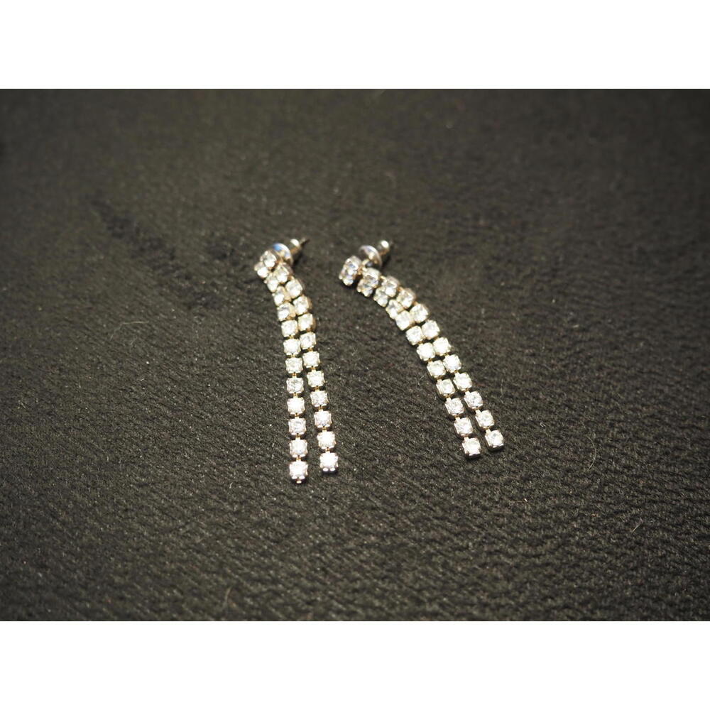 Vintage Silver Tone Double Strand Rhinestone Dangle Earrings, Clear Crystal Drop